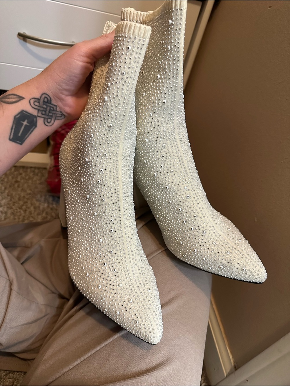 MIA Cream Rhinestone Sock Heeled Boots